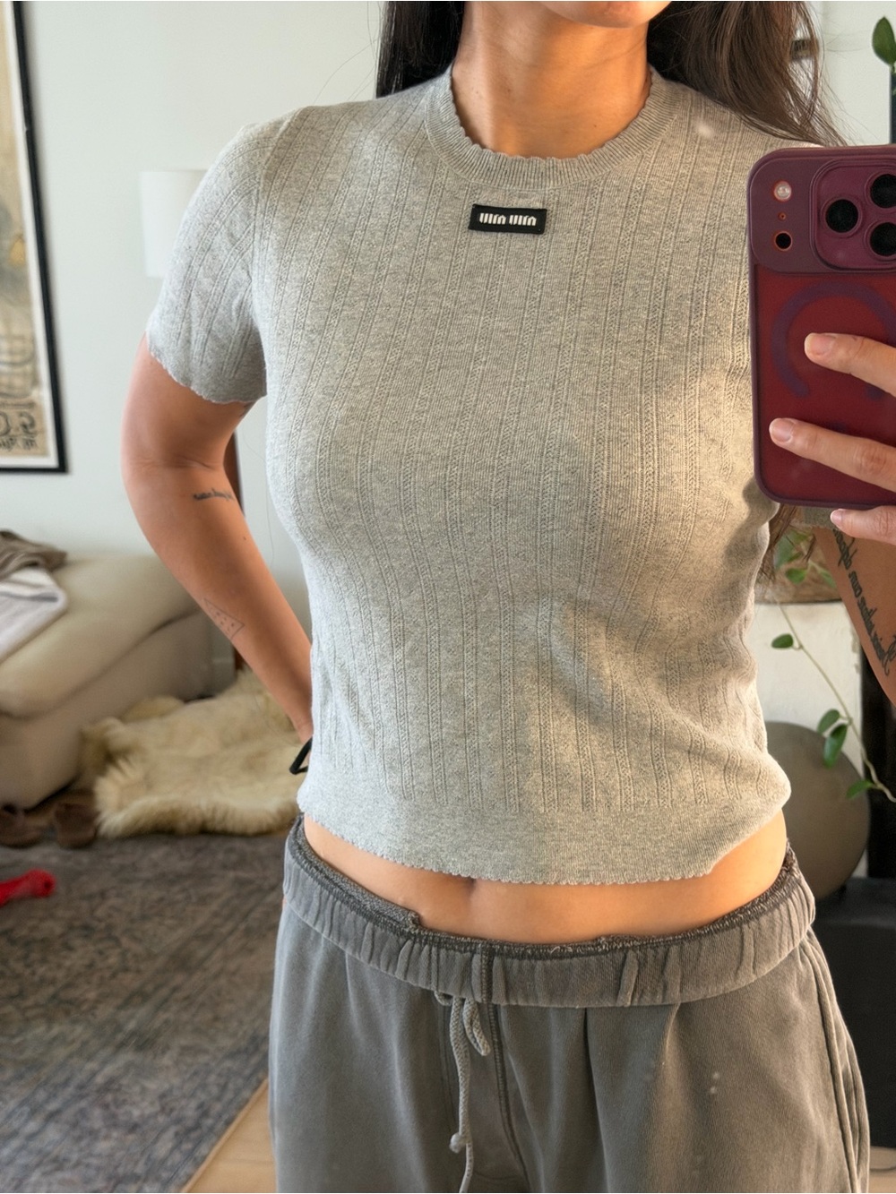 Miu Miu Heather Gray Ribbed Knit Crop Top